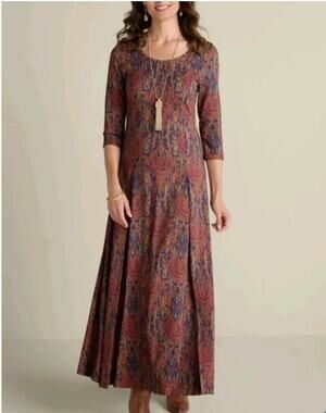 new soft surroundings 3/4 sleeve rose floral scoop-neck maxi dress size Medium